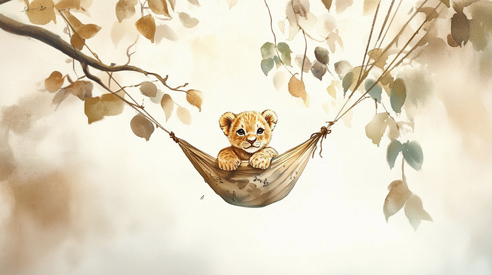 Watercolor Lion Cub Wallpaper - Serene Jungle Nursery Decor | High-Definition Artistic Print
