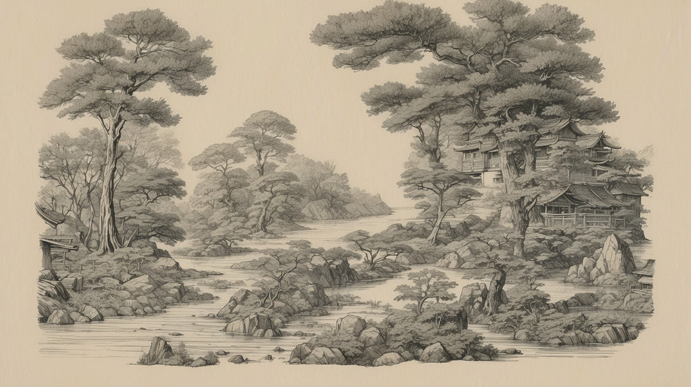 Japanese Ukiyo-e Forest Wall Mural – Zen Landscape Peel & Stick Wallpaper