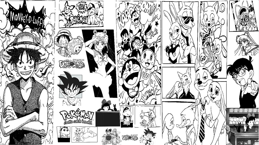Nostalgic Anime Mural Wallpaper: Luffy, Goku, Doraemon Collection