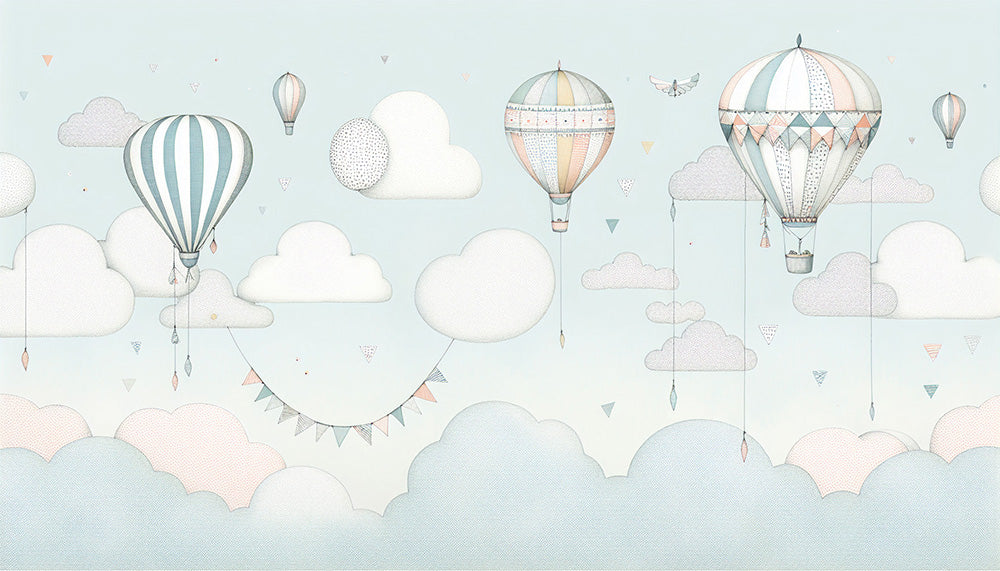 Hot air balloon cloud wallpaper mural | Children's room decorative wall