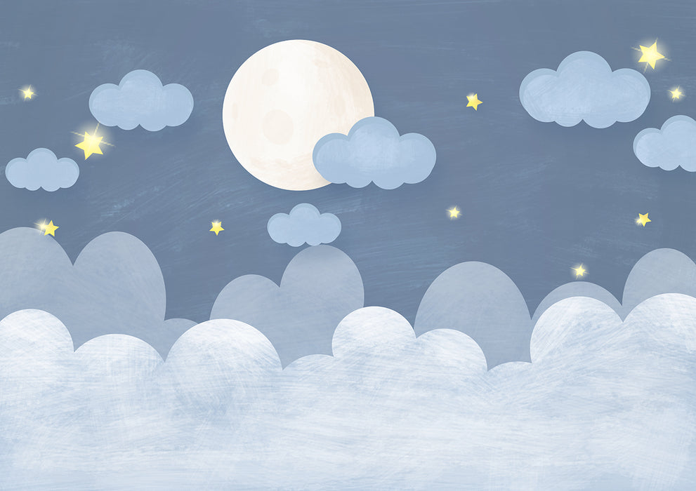 Starry Moon Cloud Wallpaper – Dreamy Night Sky Mural for Kids' Room & Bedroom Decor