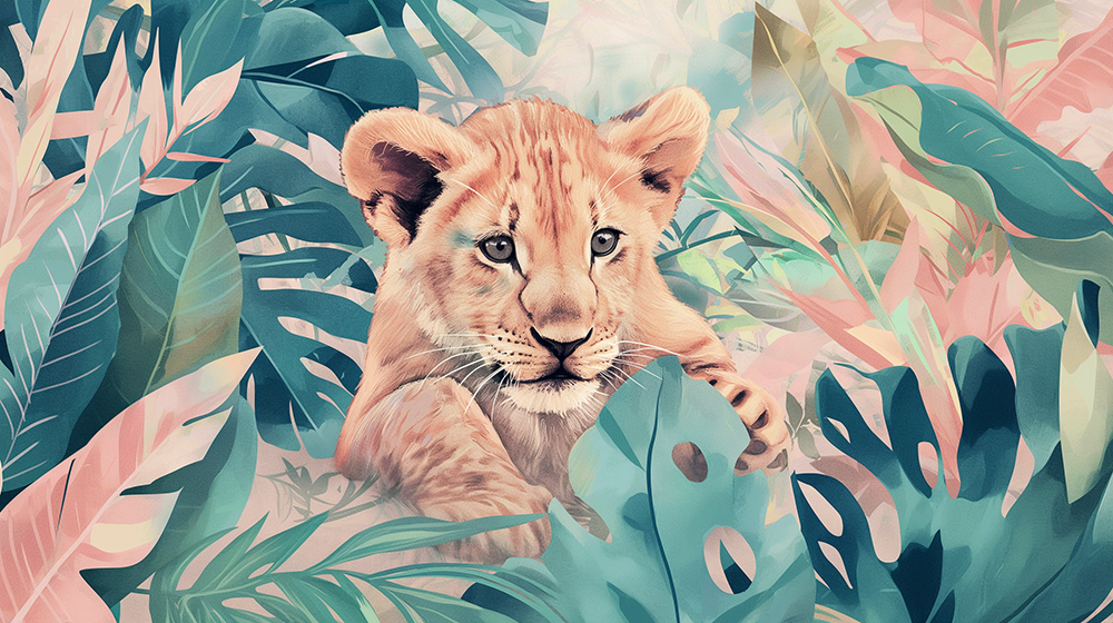 Cute Lion Green Plant Wallpaper Mural | Children's Room Bedroom Healing Decorative Wall
