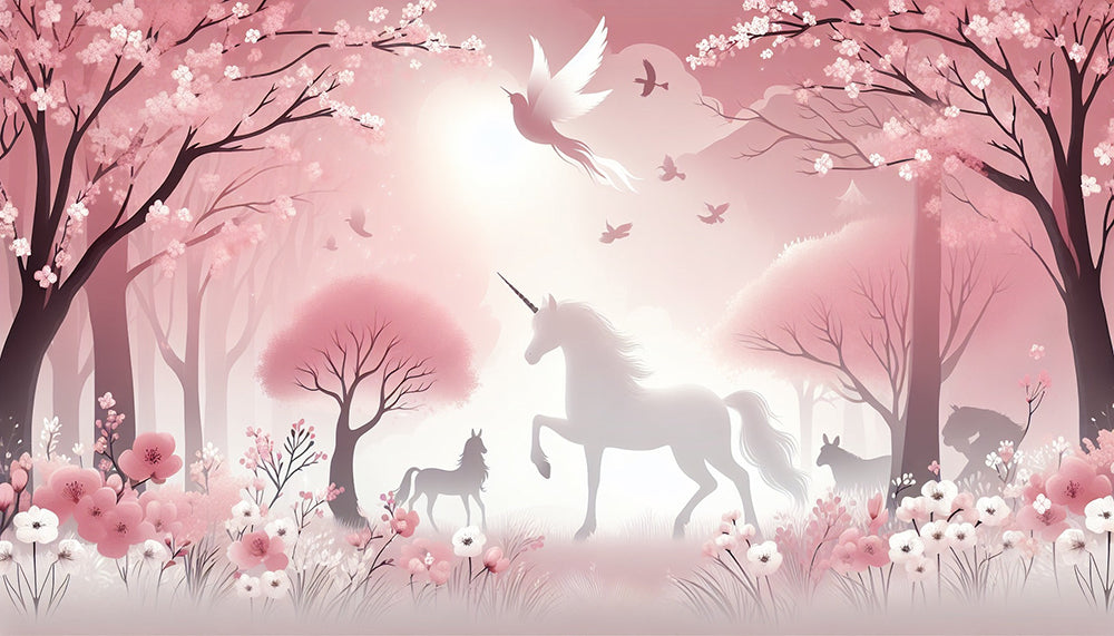 Unicorn Mural Wallpaper - Dreamy Pink Forest with Fairy Tale Silhouette for Kids' Room