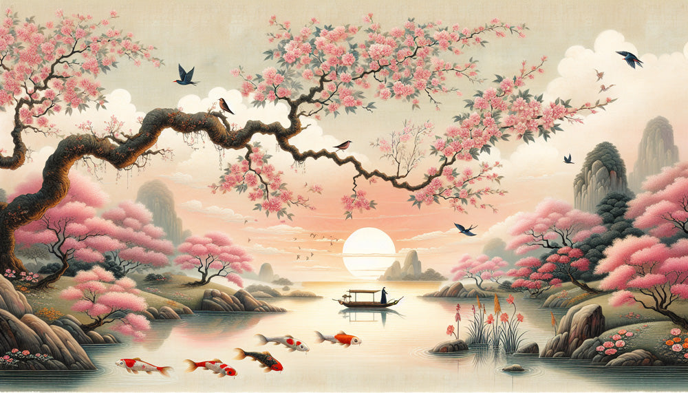 Japanese Cherry Blossom Mural Wallpaper – Serene Lake, Koi Fish & Mountain Landscap
