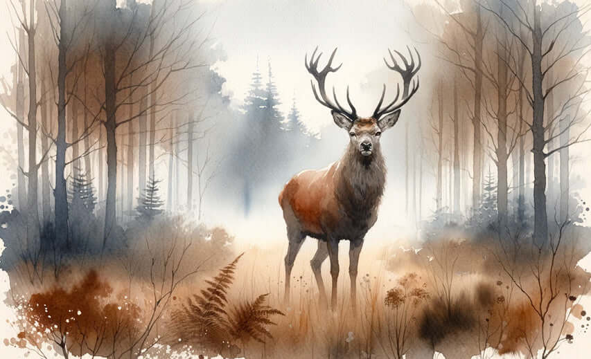 Watercolor deer wallpaper mural featuring a majestic elk in a serene forest scenery with warm tones.