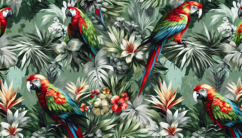 Tropical Parrot Rainforest Wallpaper Mural | Living Room and Bedroom Decorative Wall