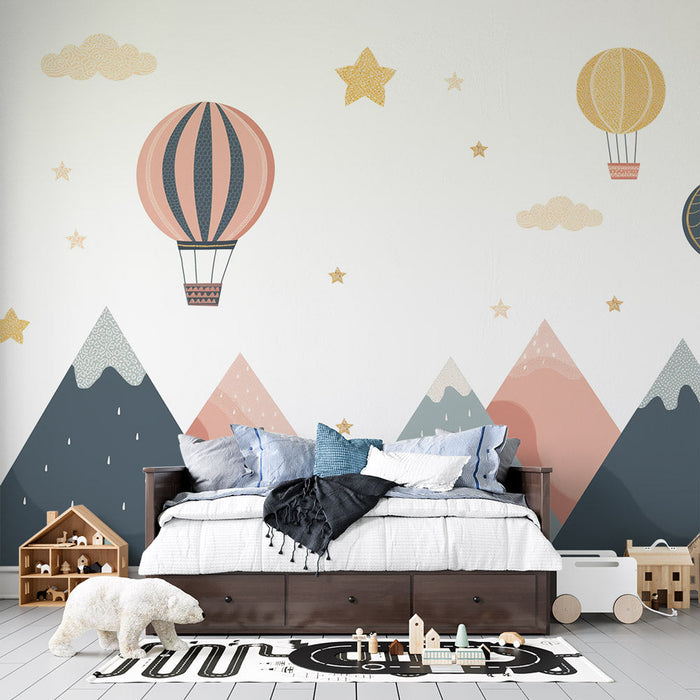 Hot air balloon mountain view wallpaper mural | Children's room