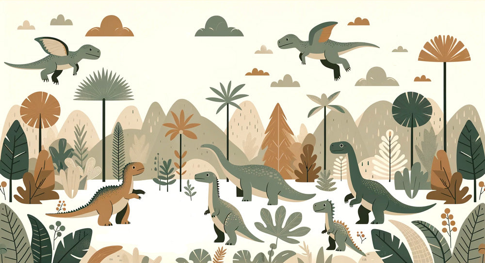 Cartoon Dinosaur Forest Wallpaper Mural | Children's Room Bedroom Playful Decorative Wall