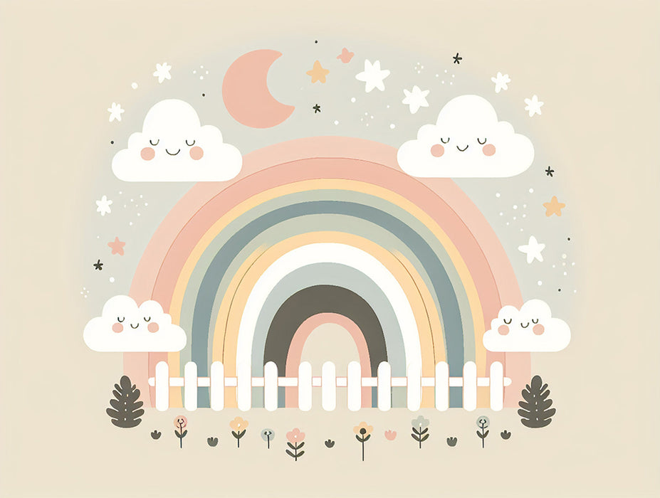 Neutral Rainbow & Garden Wallpaper Mural | Soft Nursery & Kids Room Decor | Whimsical Cloud and Fence Design