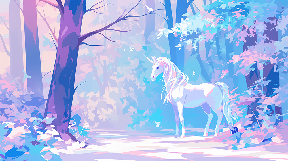 Dreamy Forest Unicorn Wallpaper Mural | Whimsical Kids Room Decor | Blue Pink Fairy Tale Nursery Wall