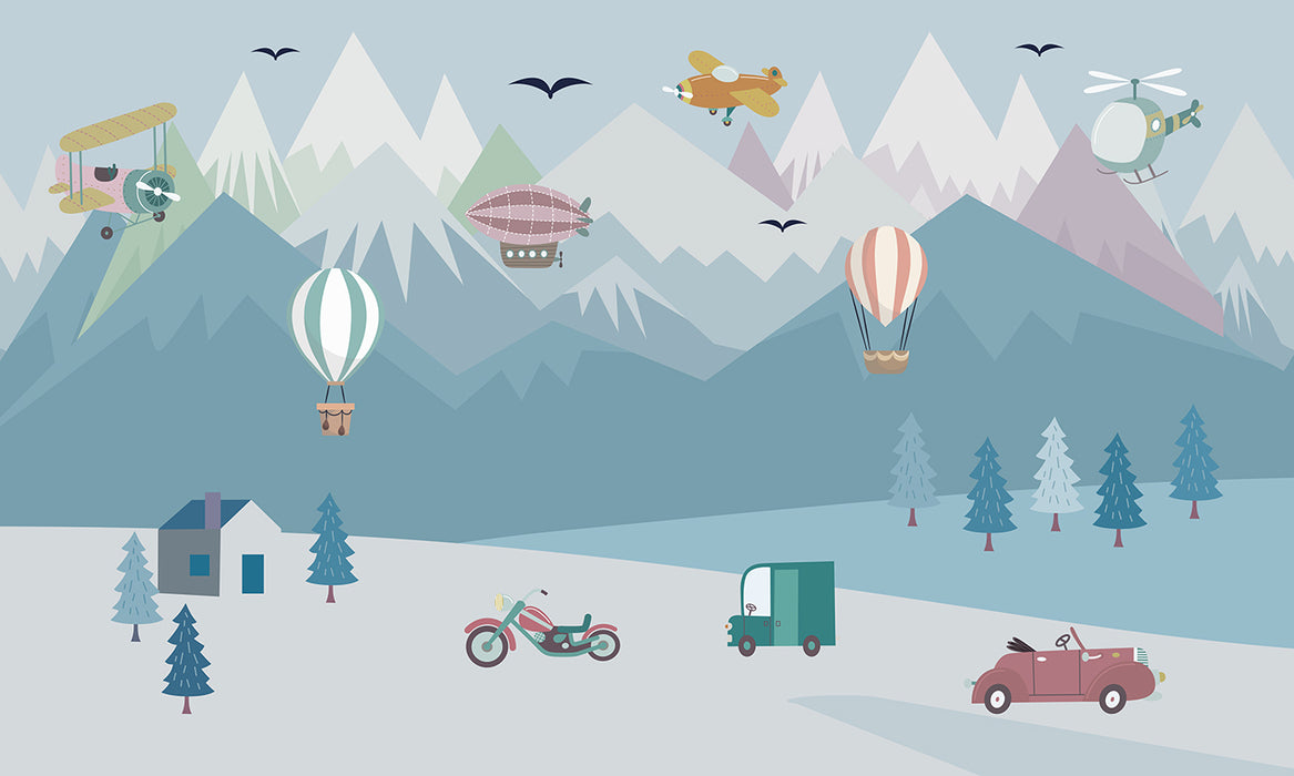 Mountain Adventure Kids Wallpaper Mural | Airplane & Hot Air Balloon Nursery Decor | Exploratory Children's Room Design