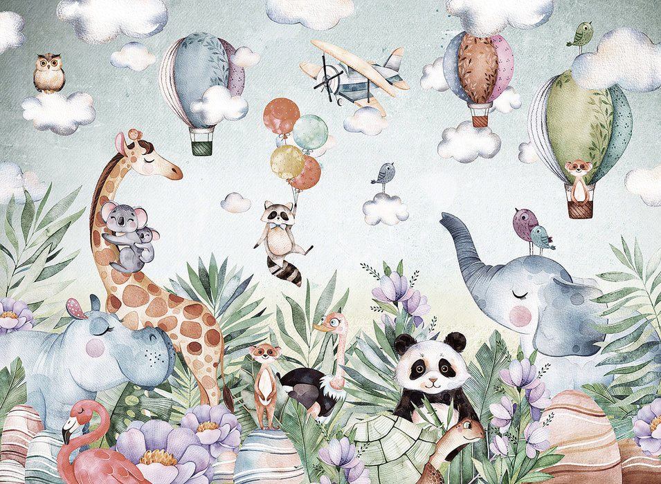 Jungle Pet Hot Air Balloon Wallpaper Mural | Kids Room Adventure Decor | Playful Nursery Wall Design