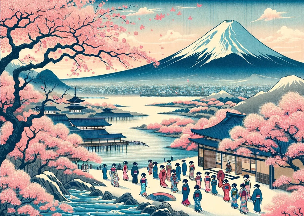 Japanese ukiyo-e Fuji cherry blossom wallpaper | Living room and bedroom decorative wall