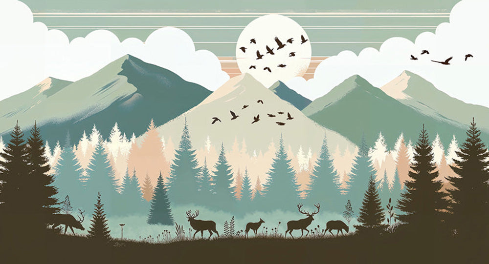 Nordic Forest Mural Wallpaper | Elk, Pine Trees & Moon Landscape | Vintage Nature-Themed Design | HD Quality