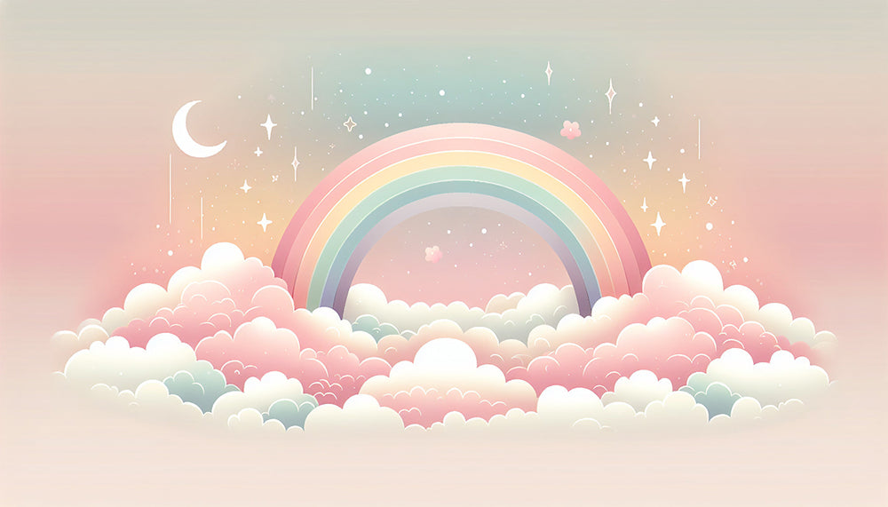 Dreamy Rainbow Mural Wallpaper – Pink Clouds, Stars & Crescent Moon | Magical Kids Room Decor