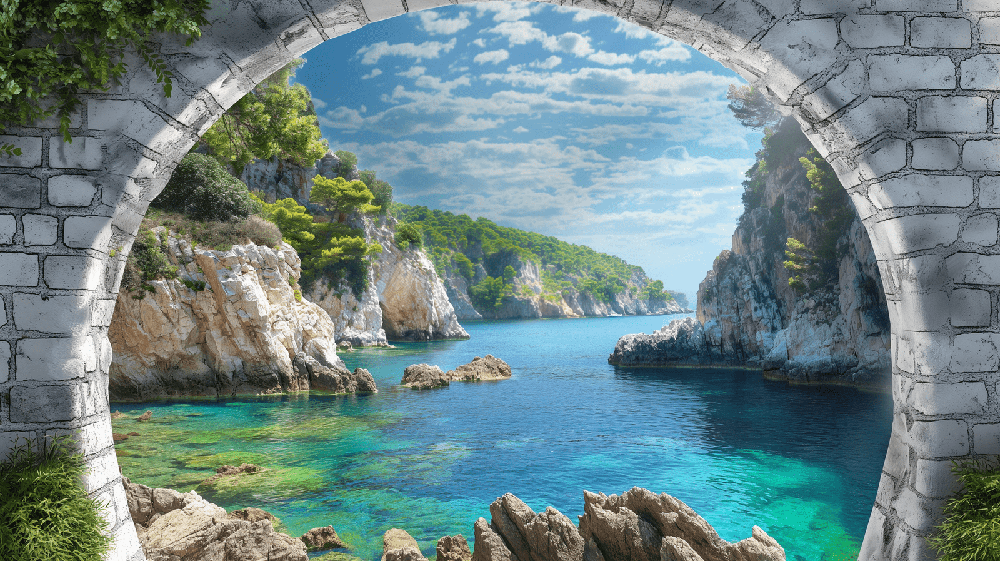 Seaside stone arch landscape wallpaper mural | Living room bedroom healing decorative wall