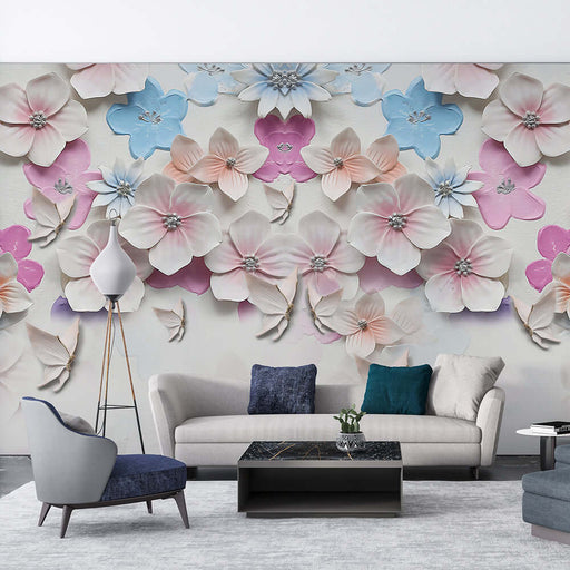 3D relief flower wallpaper | Dreamy petal mural - Morandi color petals wall mural with 3D relief flowers and butterflies in a chic living room