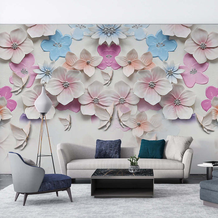 3D relief flower wallpaper | Dreamy petal mural - Morandi color petals wall mural with 3D relief flowers and butterflies in a chic living room