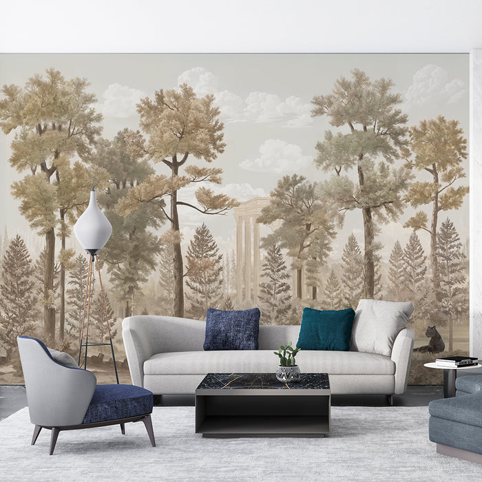 Vintage Forest Wallpaper Mural: Retro Forest & Classical Architecture, Timeless Elegance for Your Space