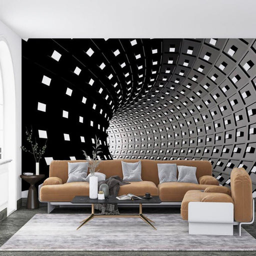 3D Block Wallpaper | Black and White Geometric Tunnel Mural - Carving wallpaper