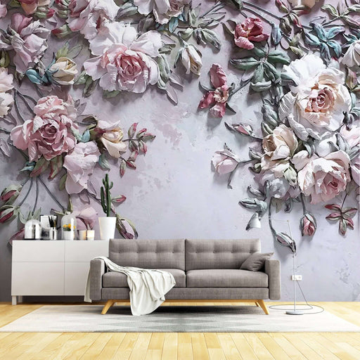 3D Embossed Pink Floral Wallpaper Mural – Romantic Blossom Relief for Bedroom & Living Room