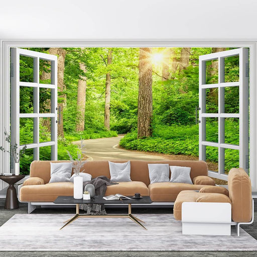 3D fake window forest landscape wallpaper mural | Living room and bedroom natural decoration