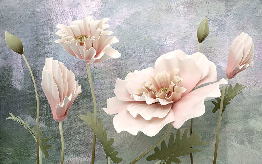 3D floral wallpaper mural | Creative floral design: 3D stereoscopic+hand drawn art featuring pink blossoms and embossed petals against textured background