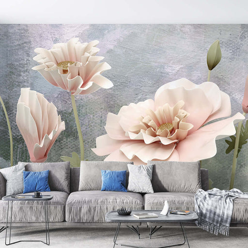 3D floral wallpaper mural | Creative floral design in living room with large pale pink embossed flowers and soft brushstrokes scene