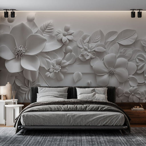 3D floral wallpaper mural | relief flowers on light and gradient backgrounds - Carving wallpaper