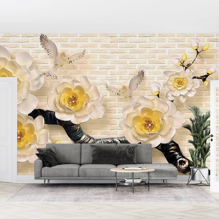 3D Floral Wallpaper Mural: White Blossoms & Birds in Flight | Zen Luxury for Living Room & Bedroom - serene embossed flowers with birds against brick motif