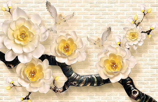3D floral wallpaper mural | White flowers, lively birds - Carving wallpaper