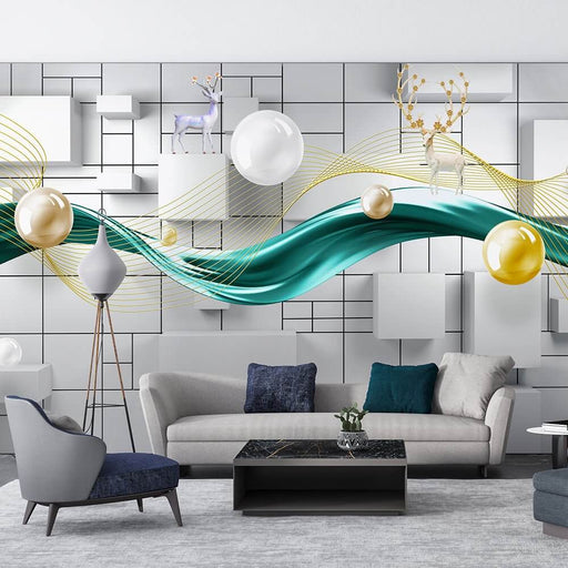 3D Geometric Wallpaper Mural – Gold Line & Elk Design | Modern Luxury for Living Room & Bedroom