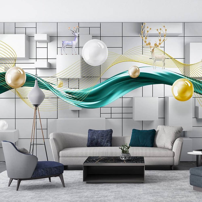 3D Geometric Wallpaper Mural – Gold Line & Elk Design | Modern Luxury for Living Room & Bedroom