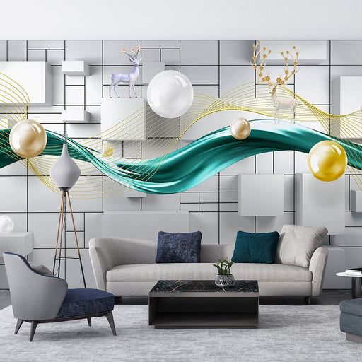 3D geometric wallpaper mural | Golden line elk decoration - Carving wallpaper