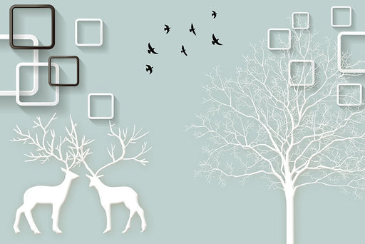 3D Geometric Wallpaper Mural | Nordic Style Deer, Box Flying Bird - Carving wallpaper