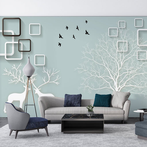 3D Geometric Wallpaper Mural | Nordic Style Deer, Box Flying Bird - Carving wallpaper