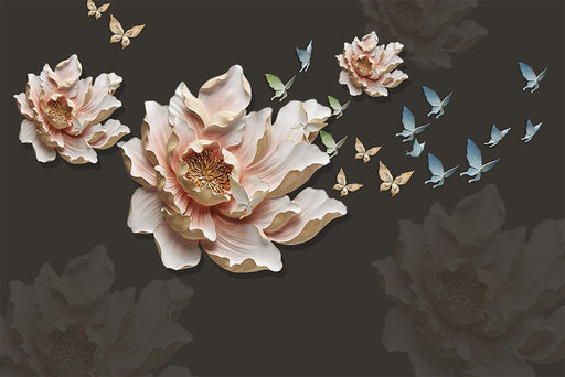 3D relief flower butterfly wallpaper mural | 3D flowers - Carving wallpaper