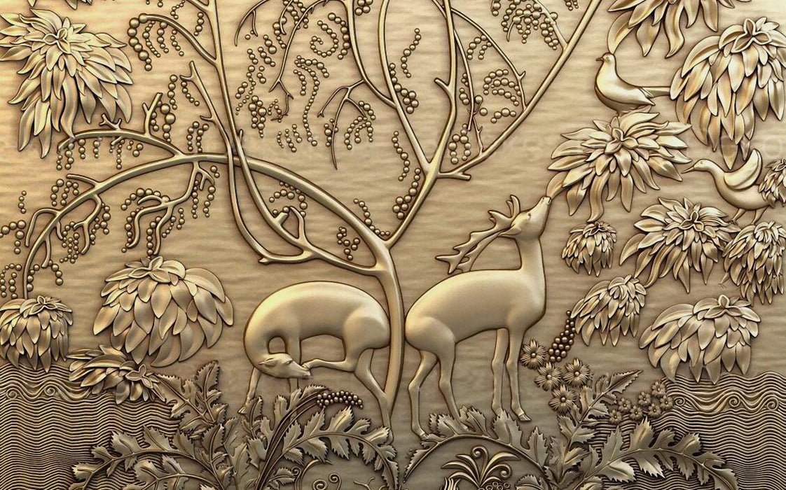 3D relief wall murals | golden deer and plant motifs create luxurious nature - Carving wallpaper