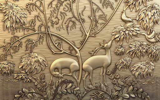3D relief wall murals | golden deer and plant motifs create luxurious nature - Carving wallpaper