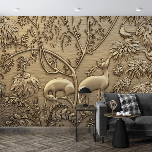 3D relief wall murals | golden deer and plant motifs create luxurious nature - Carving wallpaper