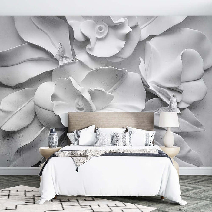 3D white floral butterfly wallpaper mural | Living room and bedroom art wall decoration