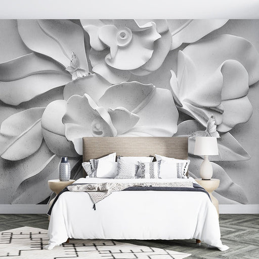3D white floral butterfly wallpaper mural | Living room and bedroom art wall decoration - Carving wallpaper