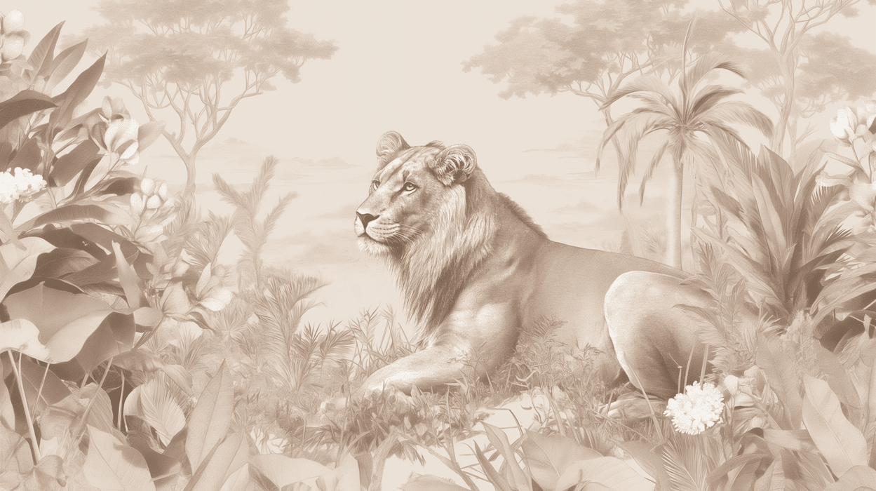 Safari Majesty Mural | Monochromatic Lion in Wild Grasslands for Grand Living Rooms