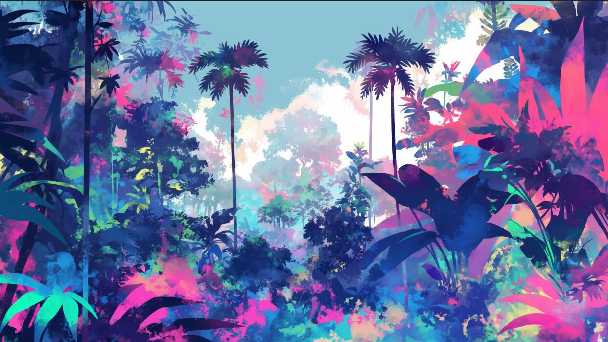 Tropical Fantasy Jungle Wallpaper Mural | Vibrant Botanical Street Art | Blue Purple Pink