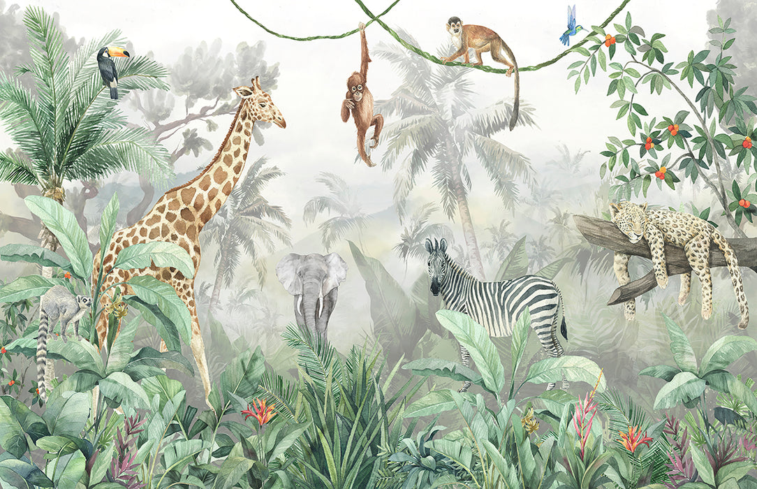 Vibrant Jungle Wildlife Wallpaper | Giraffes, Elephants, Tigers & Tropical Botanics