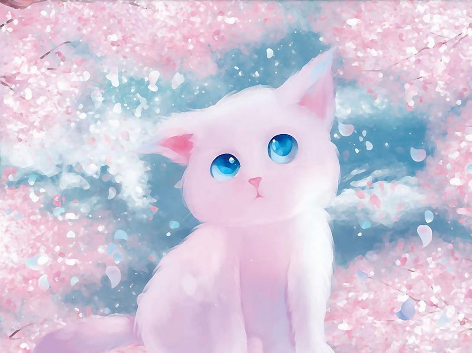Sakura Cat Illustration Wallpaper | Dreamy Pink Blue Art Mural