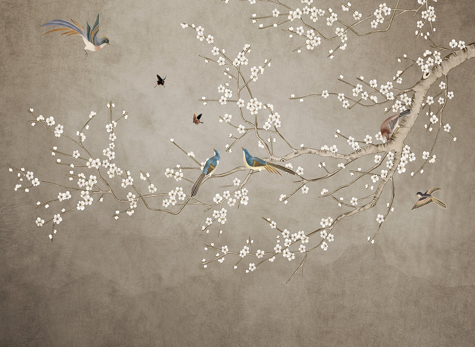 New Chinese style flower and bird wallpaper mural | Tea room Zen decoration