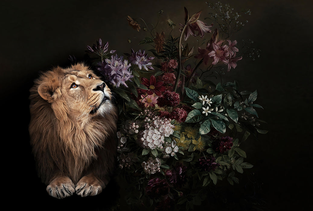 Artistic Lion Flower Wallpaper Mural | Lion+Blooming Flowers