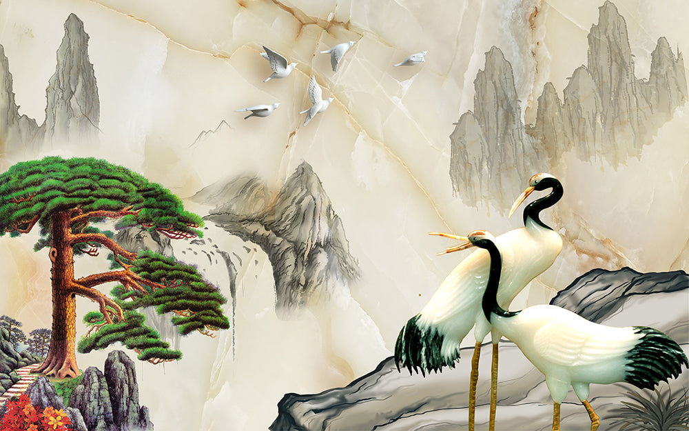 Chinese landscape pine crane wallpaper mural | living room entrance grand decorative wall