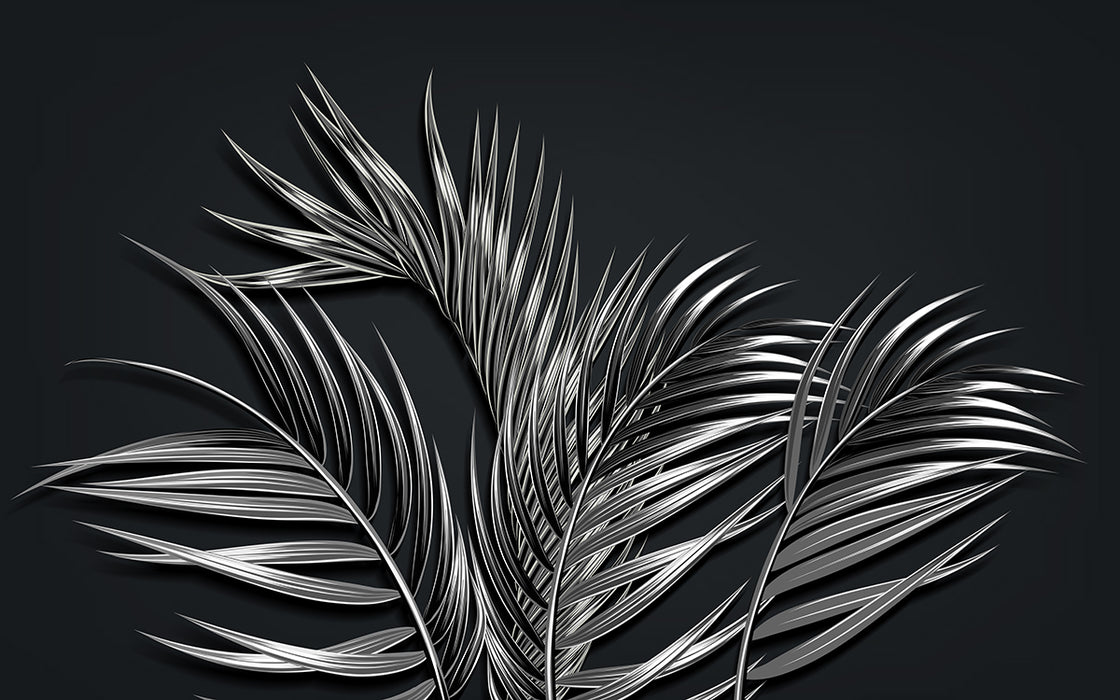 Black background silver palm wallpaper mural | Unique artistic atmosphere